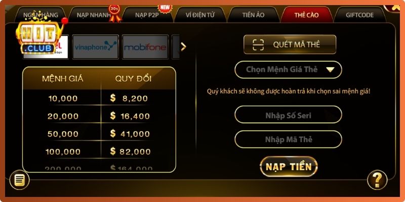 Nạp tiền HitClub nhanh qua thẻ cào